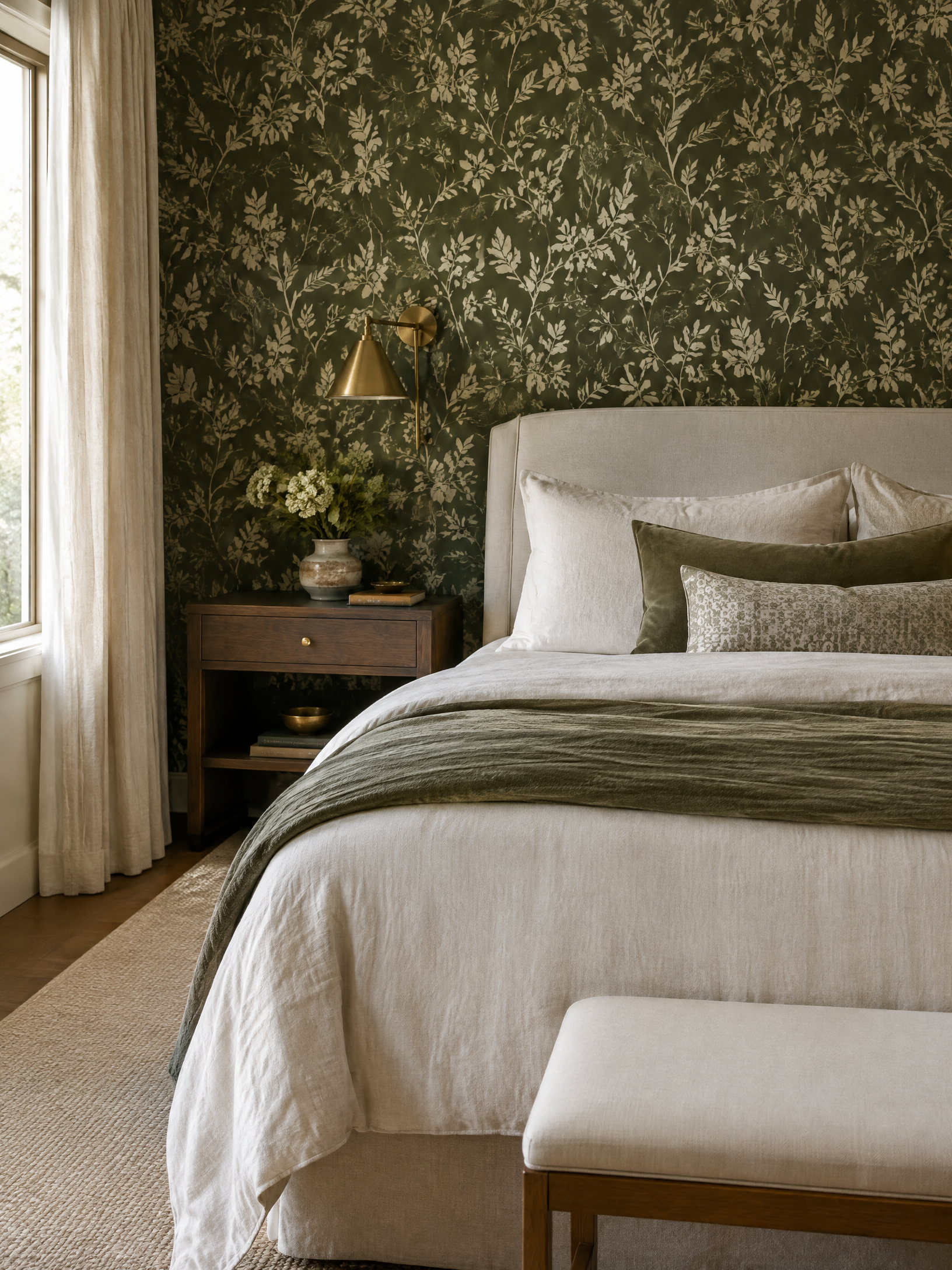 Bedroom with olive botanical wallpaper accent wall