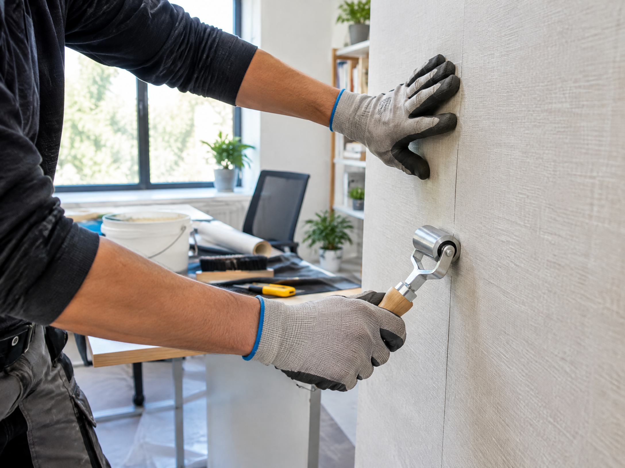 Professional wallpaper installation in progress