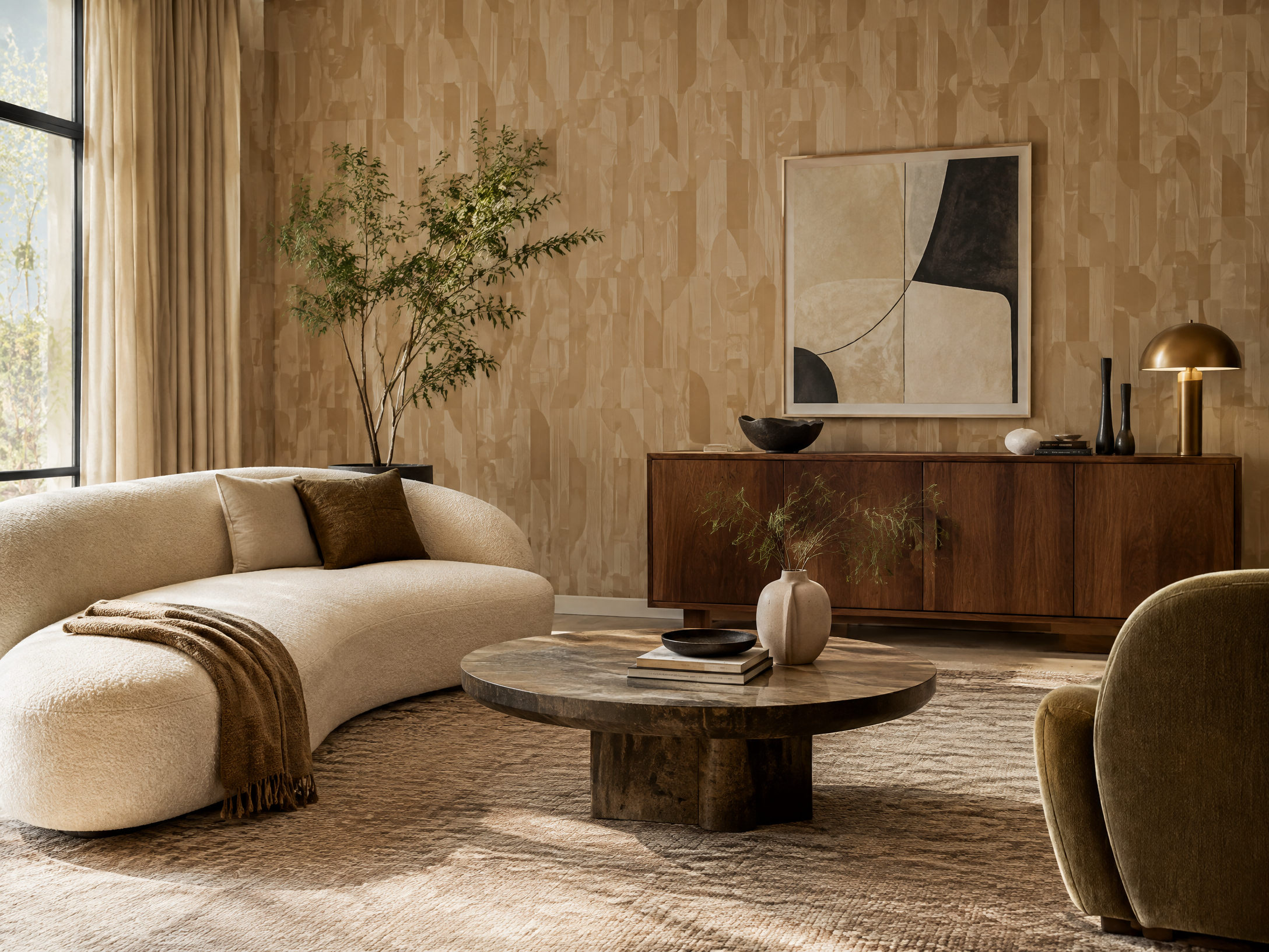 Warm modern living room with textured wallpaper